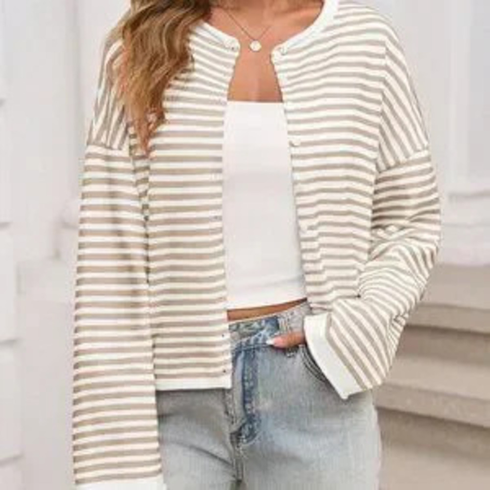 Beige Casual Women's Striped Cardigan